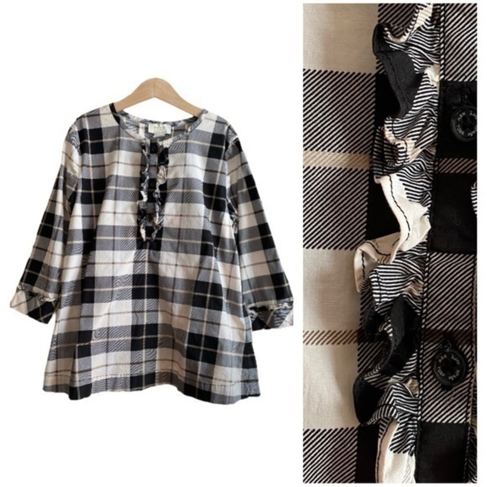 Kate Spade Beige Black Plaid Ruffle Top